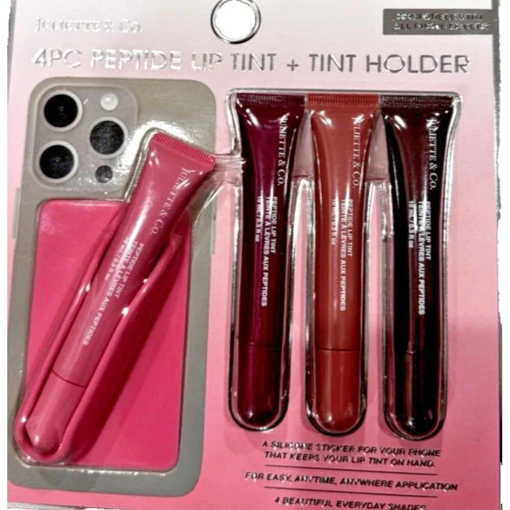 Juliette & Co Peptide Lip Tint & Lip Balm Set 4 Pc w/ Silicone Phone Holder New